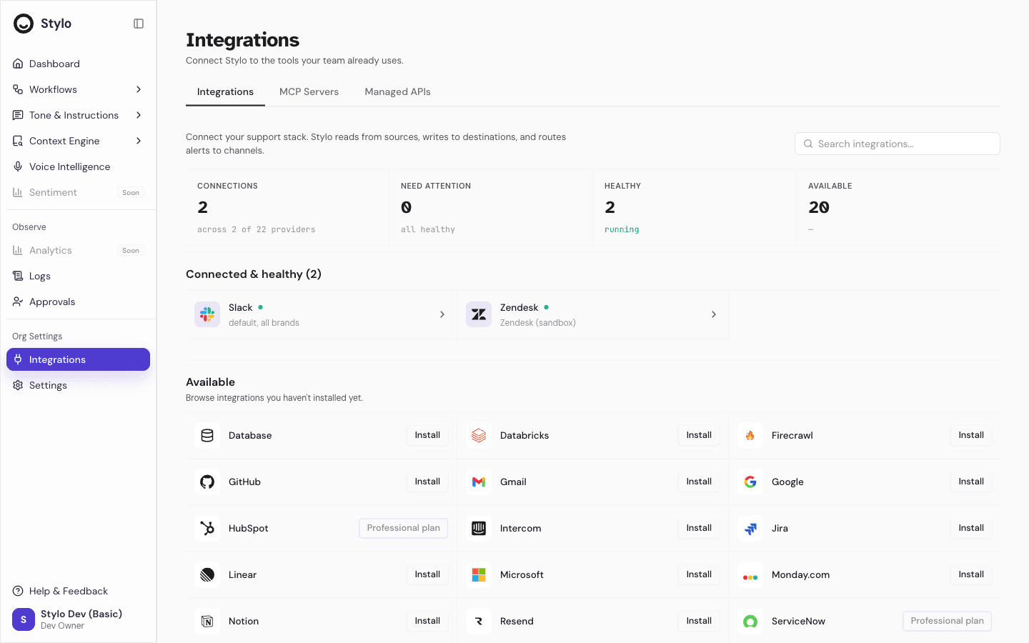 Integrations settings showing connection stats, the connected Slack and Zendesk integrations, and a grid of available providers that govern which external systems Stylo can access
