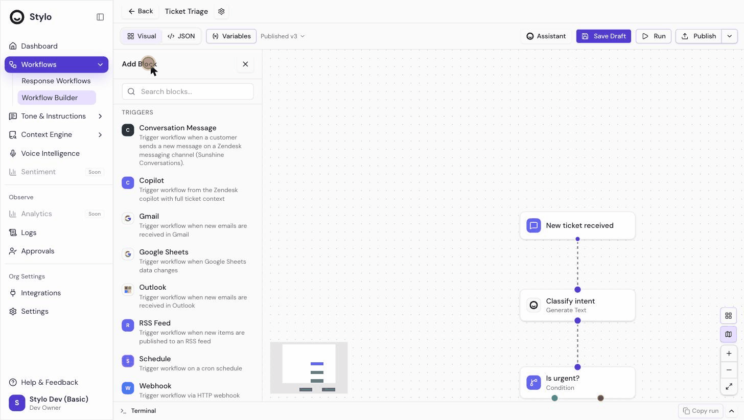 Animation of adding a block on the canvas: opening the block palette, choosing a Delay block that appears on the canvas, then dragging from an existing node's output handle to connect it