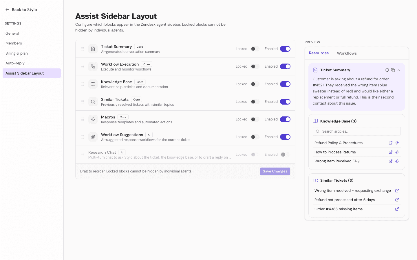 Assist Sidebar Layout settings showing the ordered block list with drag handles and Locked and Enabled switches, alongside a live preview of the resulting Assist sidebar