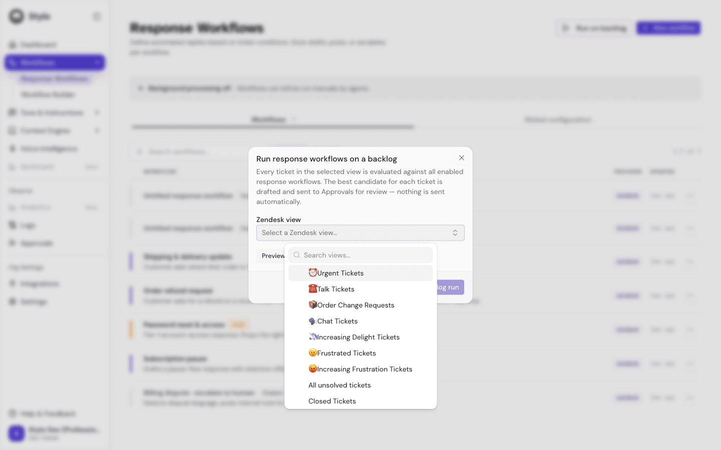 Run response workflows on a backlog dialog, opened from the Run on backlog button, with the Zendesk view picker expanded to list selectable views such as Urgent Tickets and Order Change Requests, plus Preview matches and Start backlog run actions