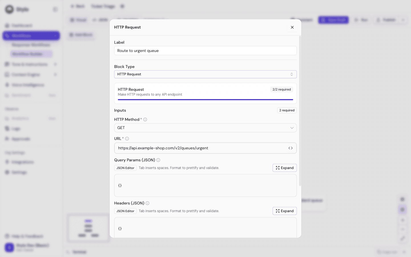 Workflow Builder configuration panel for a selected HTTP Request block showing the label, block type, a completed required-fields progress bar, and the HTTP method and URL inputs
