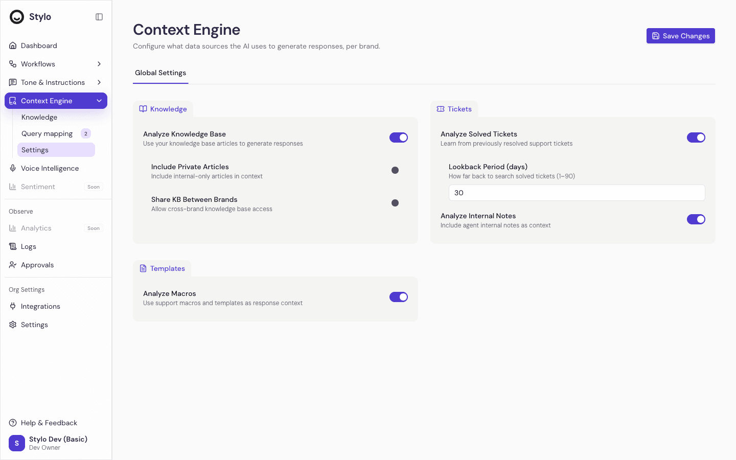 Context Engine settings on the Global Settings tab showing Knowledge, Tickets, and Templates sections with toggles for analyzing the knowledge base, solved tickets, internal notes, and macros