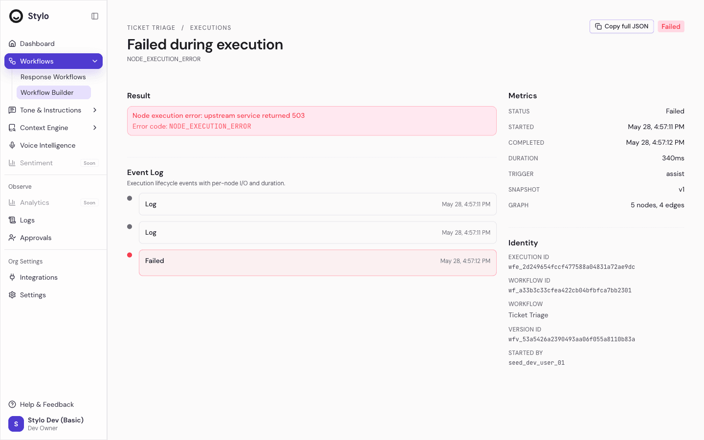 Failed workflow execution detail showing a red result box with the error message and NODE_EXECUTION_ERROR code, an event log ending in a Failed event, and run metrics and identity