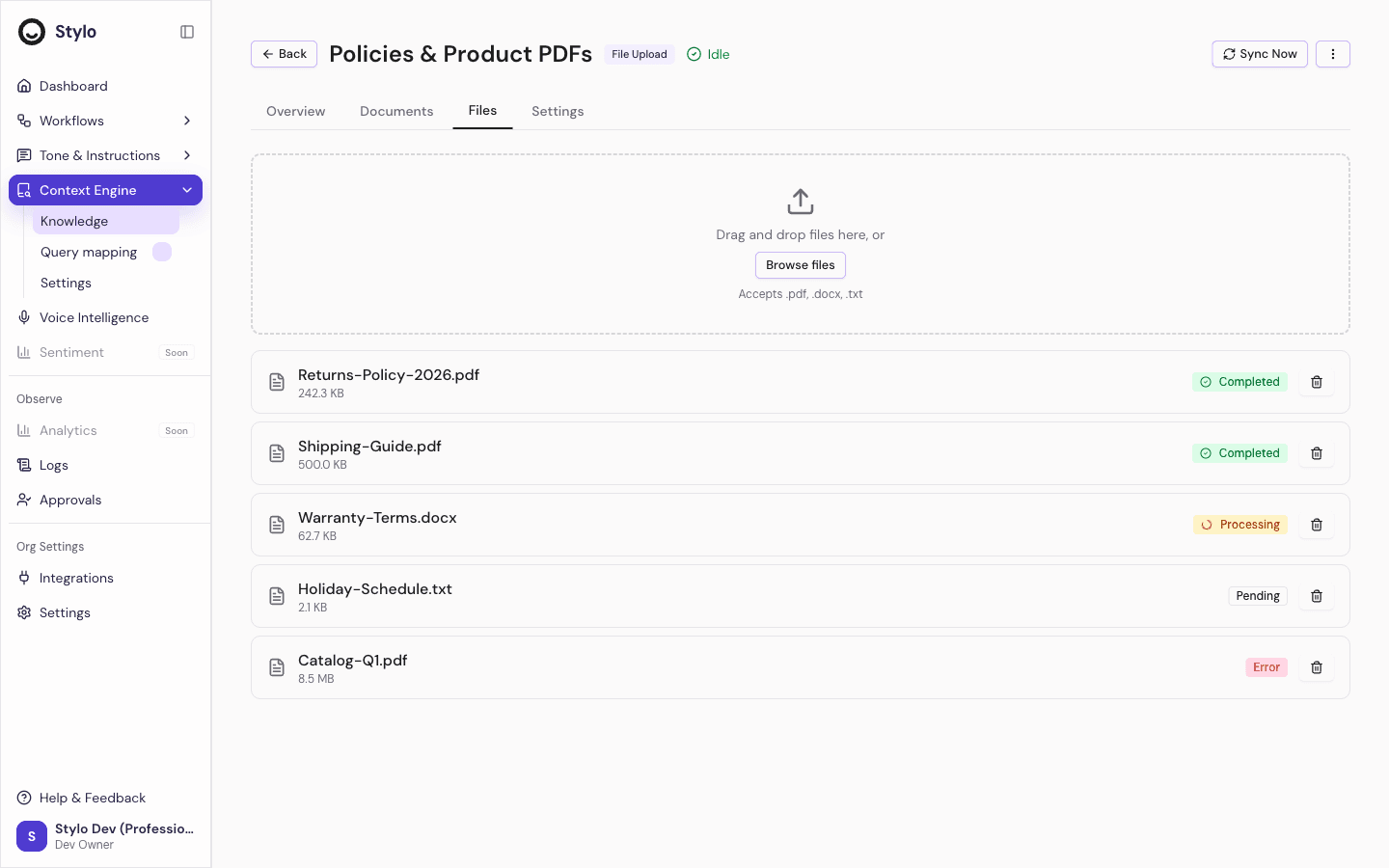 Knowledge base Files tab showing uploaded files in each processing state — two Completed PDFs, a Processing DOCX, a Pending TXT, and an Error PDF with its failure reason
