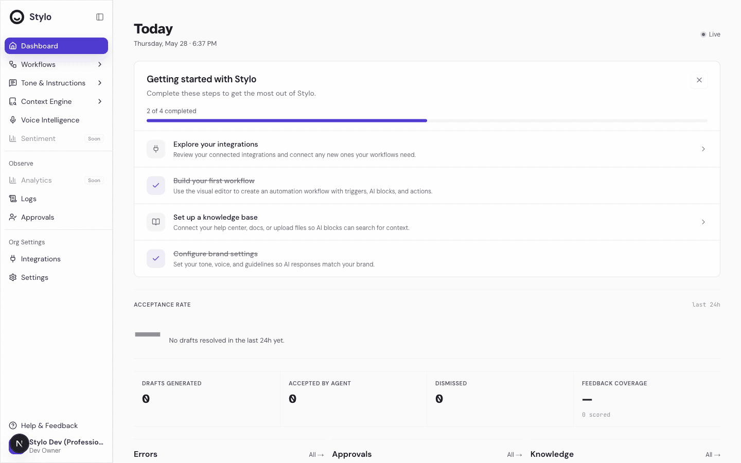Stylo Today dashboard with the Getting started with Stylo checklist showing setup steps — explore integrations, build a workflow, set up a knowledge base, configure brand settings — and a progress bar