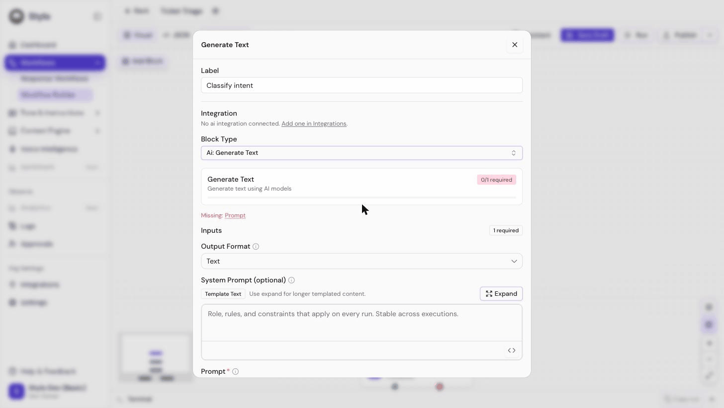 Animation of inserting an upstream variable into a template field: typing in a Generate Text prompt, pressing the angle-bracket key to open the variable picker, and selecting an upstream step output that is inserted as a reference chip