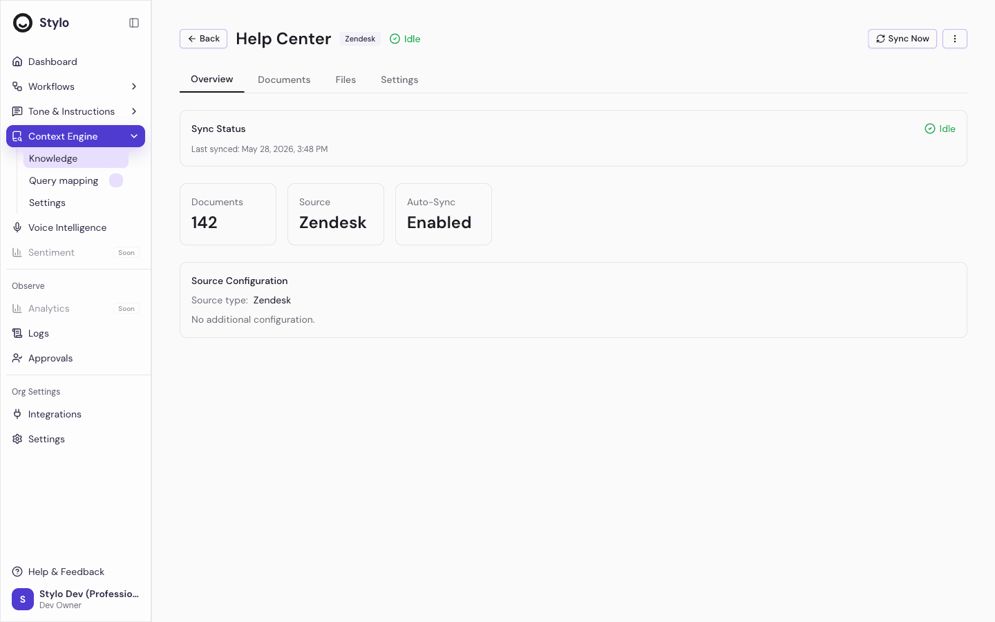 Knowledge base detail page for a Zendesk-sourced Help Center showing the Overview, Documents, Files, and Settings tabs, an idle sync status card, and document count, source, and auto-sync stats