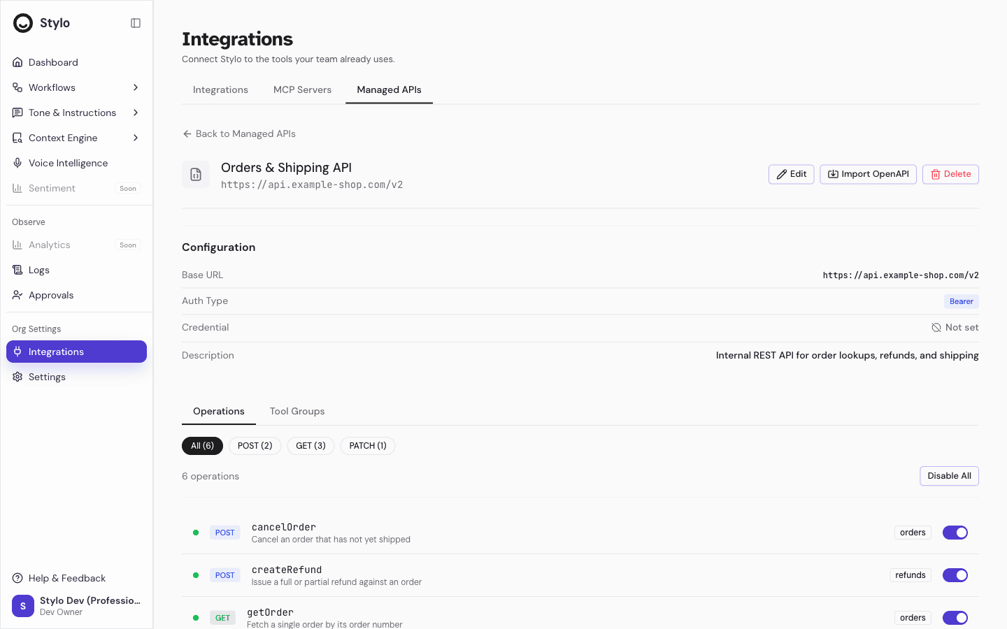 Managed API detail page for an Orders & Shipping API showing the Configuration card with base URL and bearer auth, and the Operations tab listing imported endpoints with method badges, alongside the Tool Groups tab