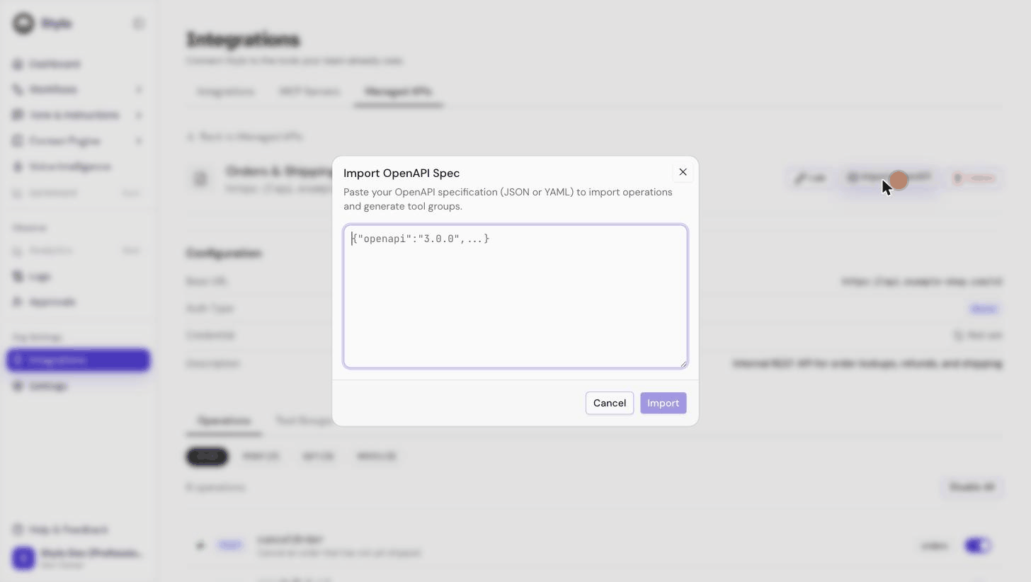 Animation of importing an OpenAPI spec: opening the Import OpenAPI dialog, pasting a specification, clicking Import, and reviewing the result summary showing the operations, groups, and mappings created