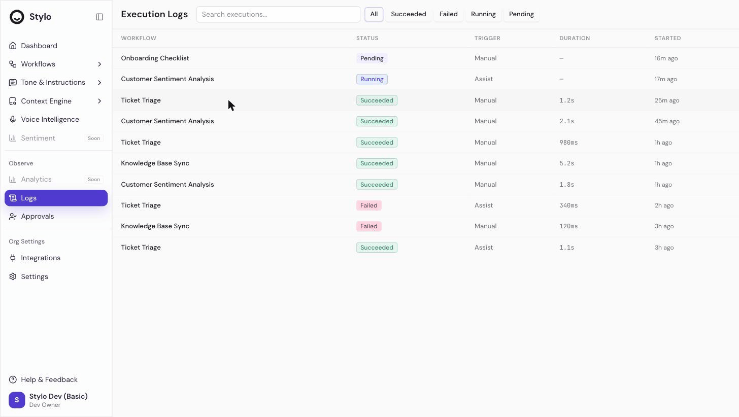 Animation of opening a run from the Logs page: clicking a row in the run table opens the Execution Detail panel showing the result, metrics, and event log