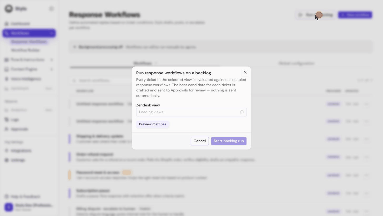 Animation of selecting a Zendesk view before a backlog run: opening the Run on backlog dialog, expanding the Zendesk view picker, and choosing a view such as Order Change Requests