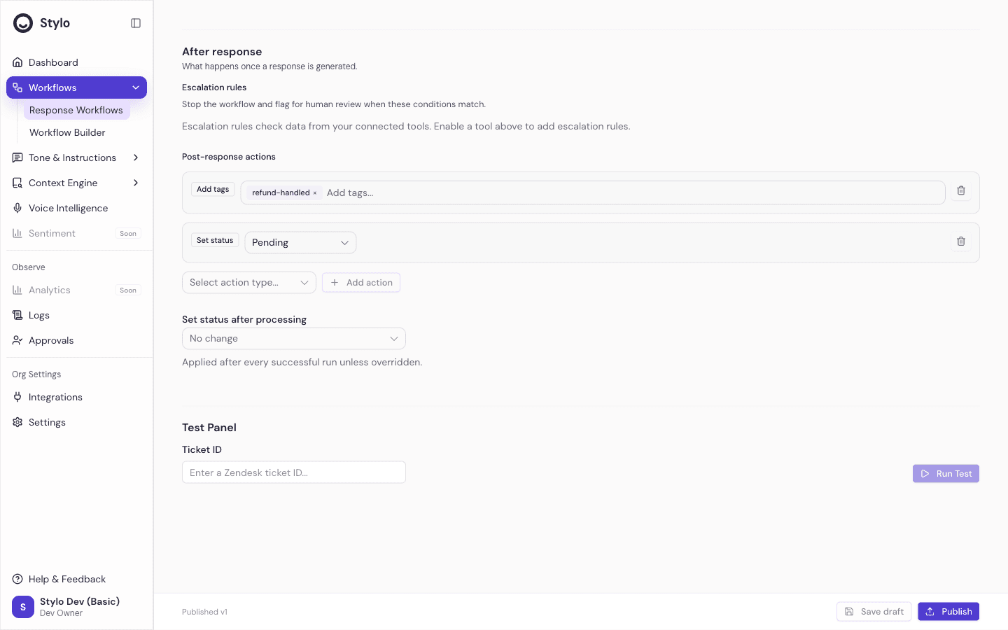 Response workflow editor scrolled to the Test Panel, showing a Ticket ID field and a Run Test button below the post-response actions, with the Executions button in the editor header