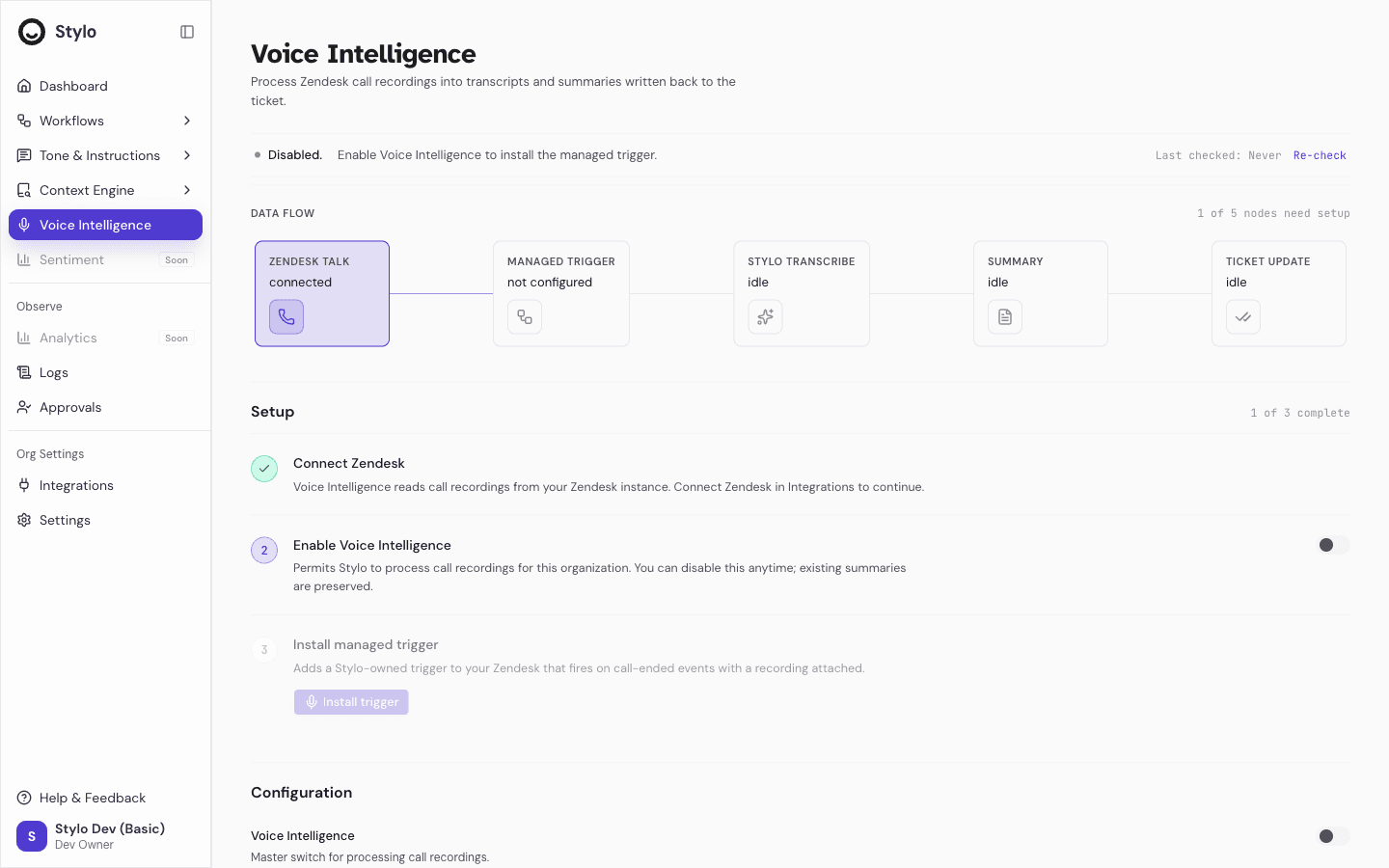 Voice AI page showing a Disabled status badge, the call-processing data flow from Zendesk Talk through transcription to ticket update, and setup steps with an enable toggle and Install trigger action
